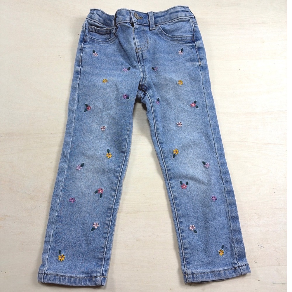 Jumping Beans Girls Floral Embroidered Jeans Light Wash 4T Adjustable Waist